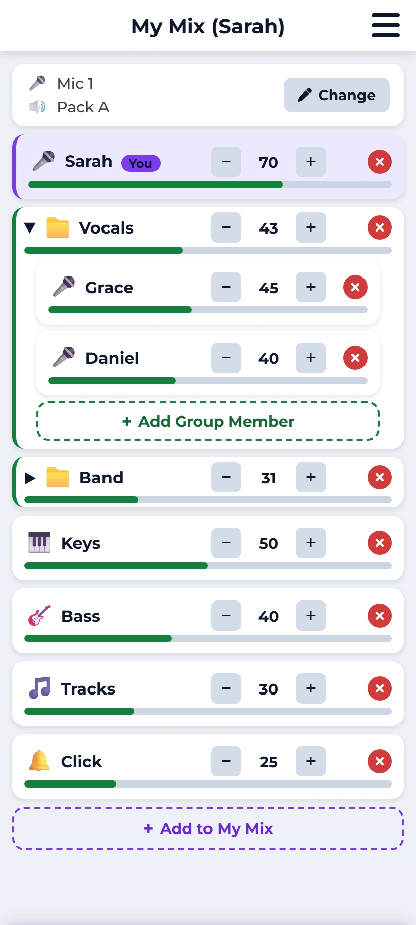 A musician's mix on a phone: a bar at the top showing their microphone and monitor pack, then a row for themselves marked 'You', an opened Vocals group holding two other singers, and rows for the band, keys, bass, tracks and click — each with a minus button, a number, a plus button and a green level bar.