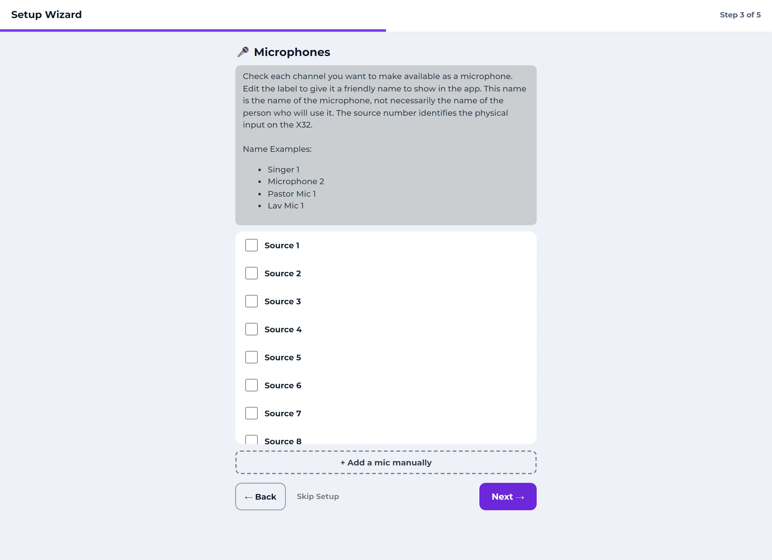 The setup wizard on its microphones step: a scrolling list of the board's inputs, each with a checkbox and an editable label, above an 'Add a mic manually' button.